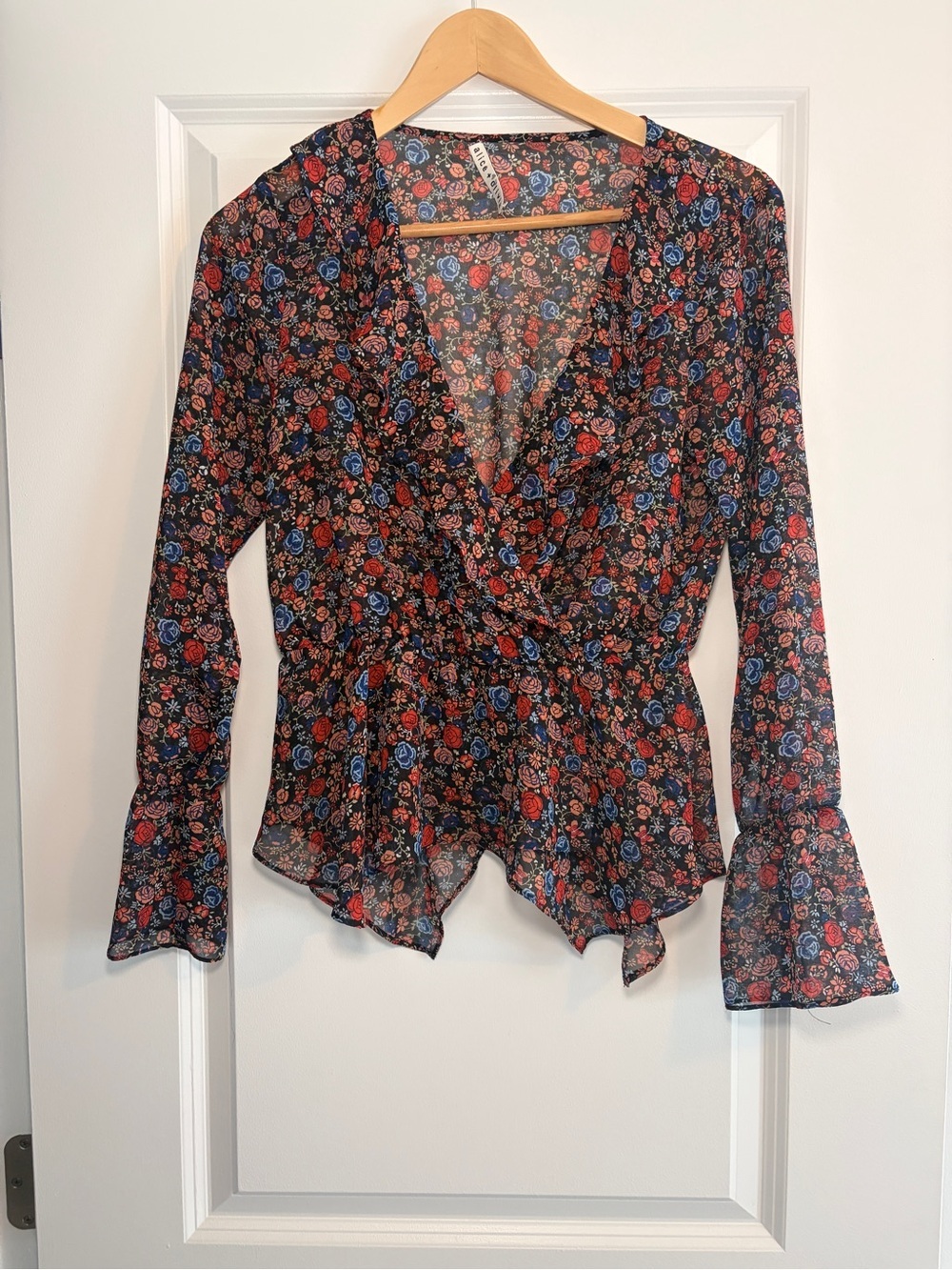 Alice + Olivia | Sheer Floral Wrap Blouse - Black with Red & Blue Roses